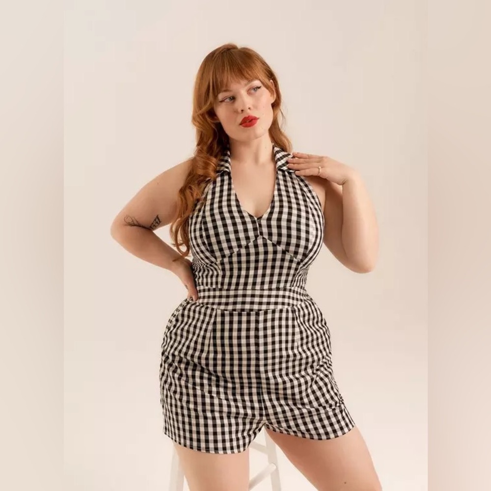Torrid Retro Chic Black and White Gingham Checked Halter Romper Pinup Playsuit